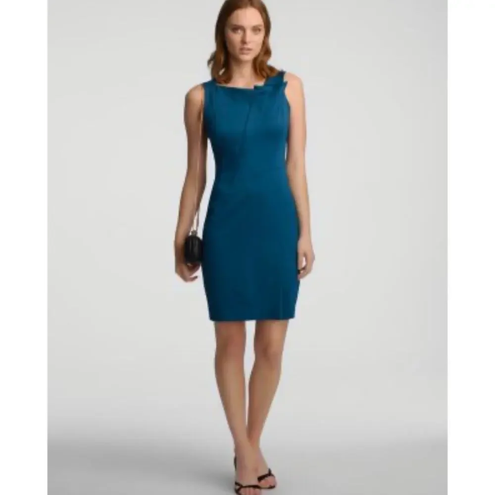 Halston Heritage Sleeveless Folded Neckline Teal Blue Lined Sheath Dress Size 2